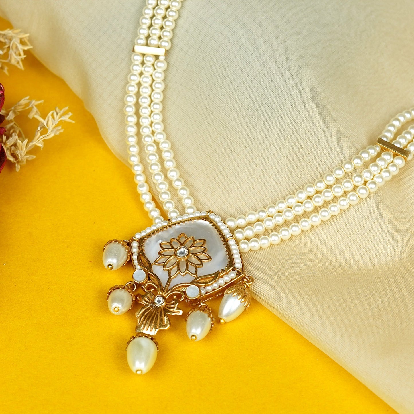 Zevar Club Handcrafted White Stone & Pearl Beaded Floral Engraved Square Pendant Necklace Set with Drop Earrings