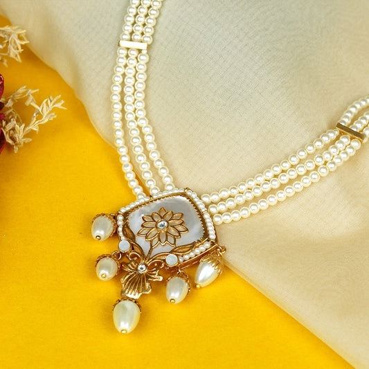 Zevar Club Handcrafted White Stone & Pearl Beaded Floral Engraved Square Pendant Necklace Set with Drop Earrings