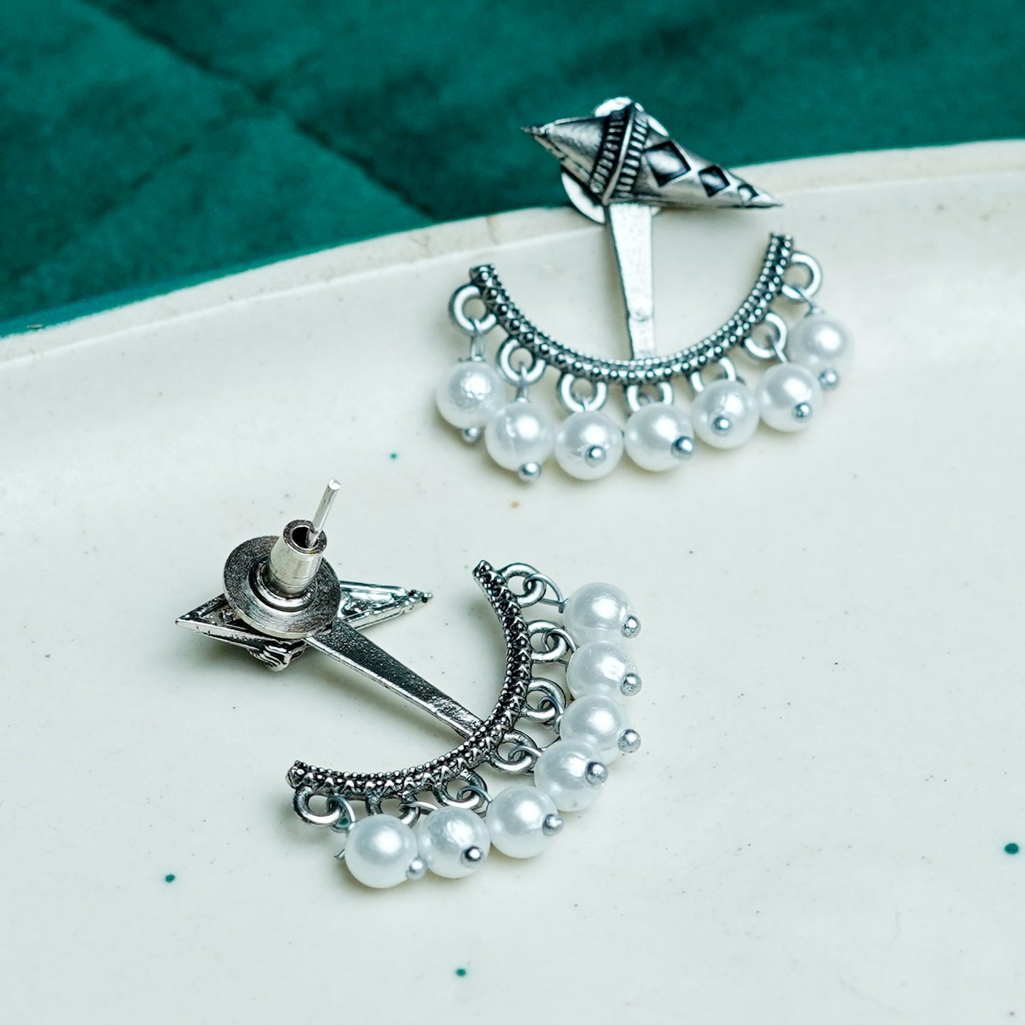 Zevar Club 18K Silver-Plated Statement Stud Earrings with Pointed Top & Cream Pear Pearl Crescent Drop