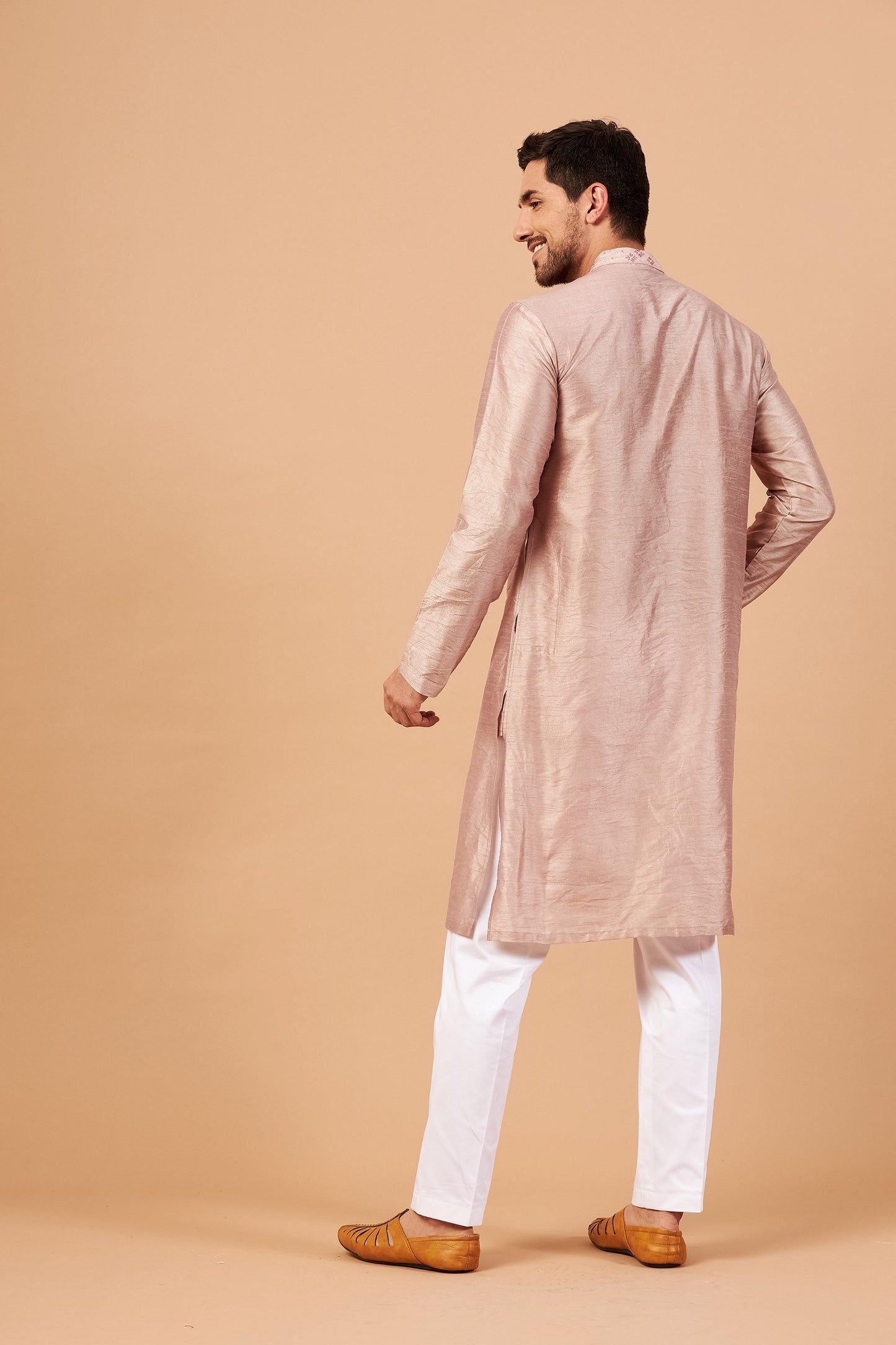 Beige Brown Semi Raw Silk Machine Embroidery Casual ( only Kurta )