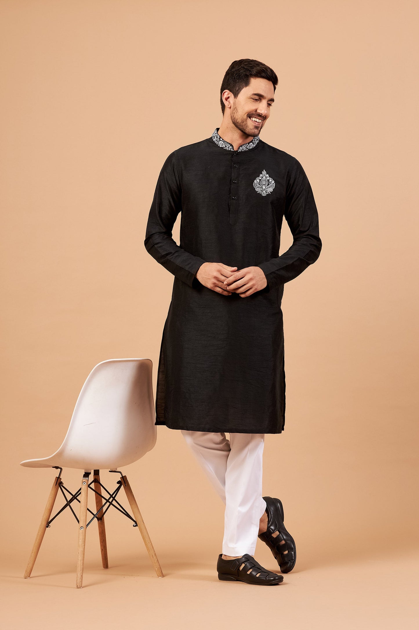 Black Machine Embroidery Semi Raw Silk ( only Kurta )