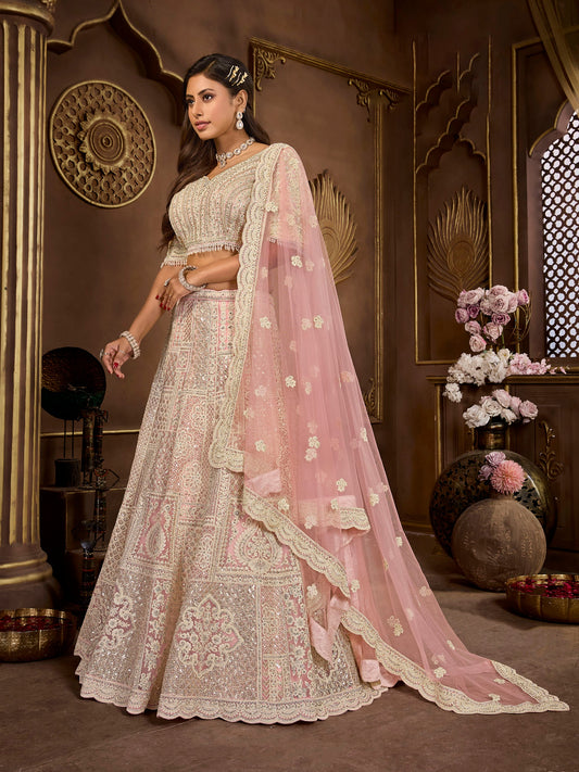 Peach Heavy Zarkan Embroidery Net Bridesmaid Lehenga
