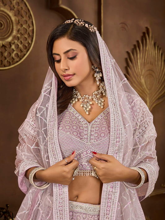 Lavender Net Zarkan Embroidery Sangeet Lehenga