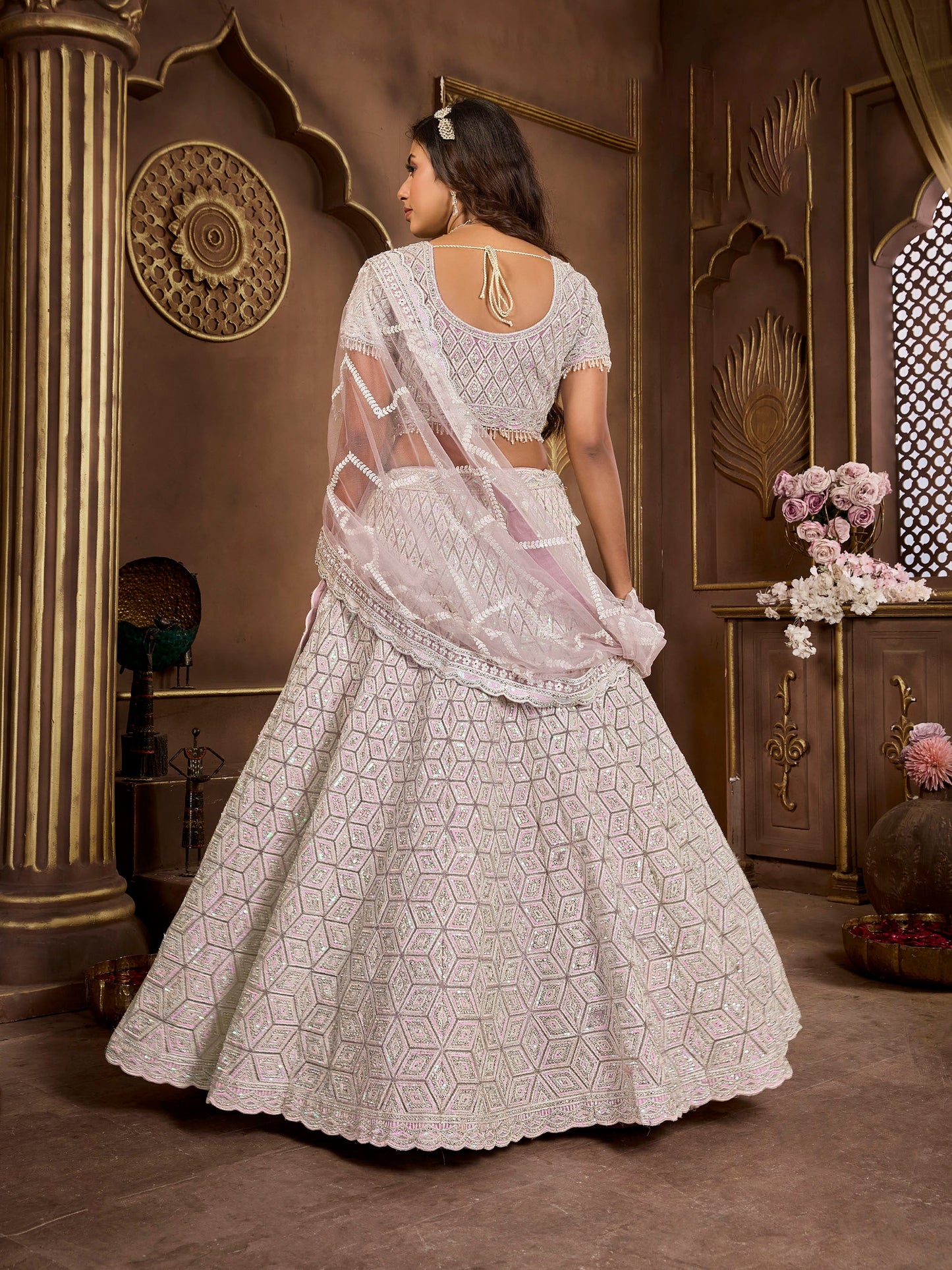 Purple Heavy Zarkan Embroidery Net Reception Lehenga