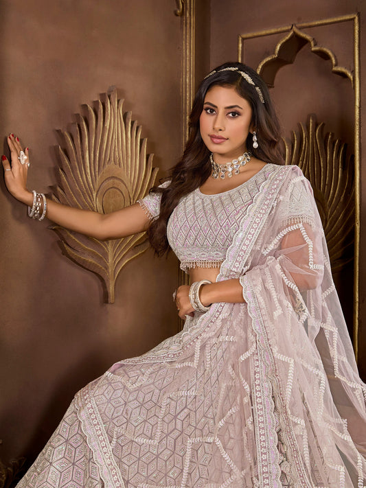 Purple Heavy Zarkan Embroidery Net Reception Lehenga