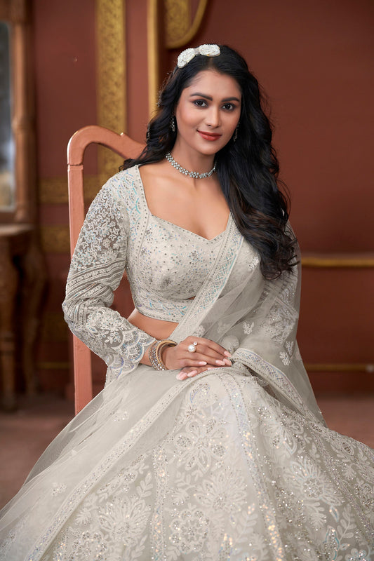 Off White Heavy Zarkan Embroidery Net  Wedding Lehenga