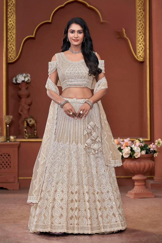 Chiku Heavy Mirror & Sequence Embroidery Net Wedding Guest Lehenga