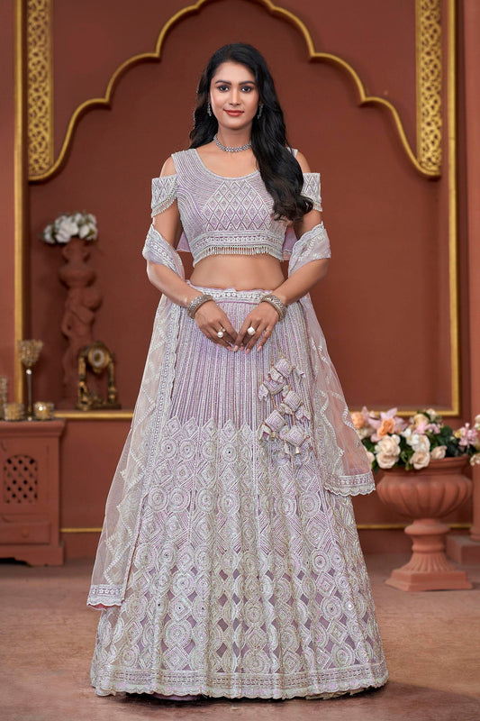 Lavender Mirror & Zarkan Embroidery Net Bridesmaid Lehenga