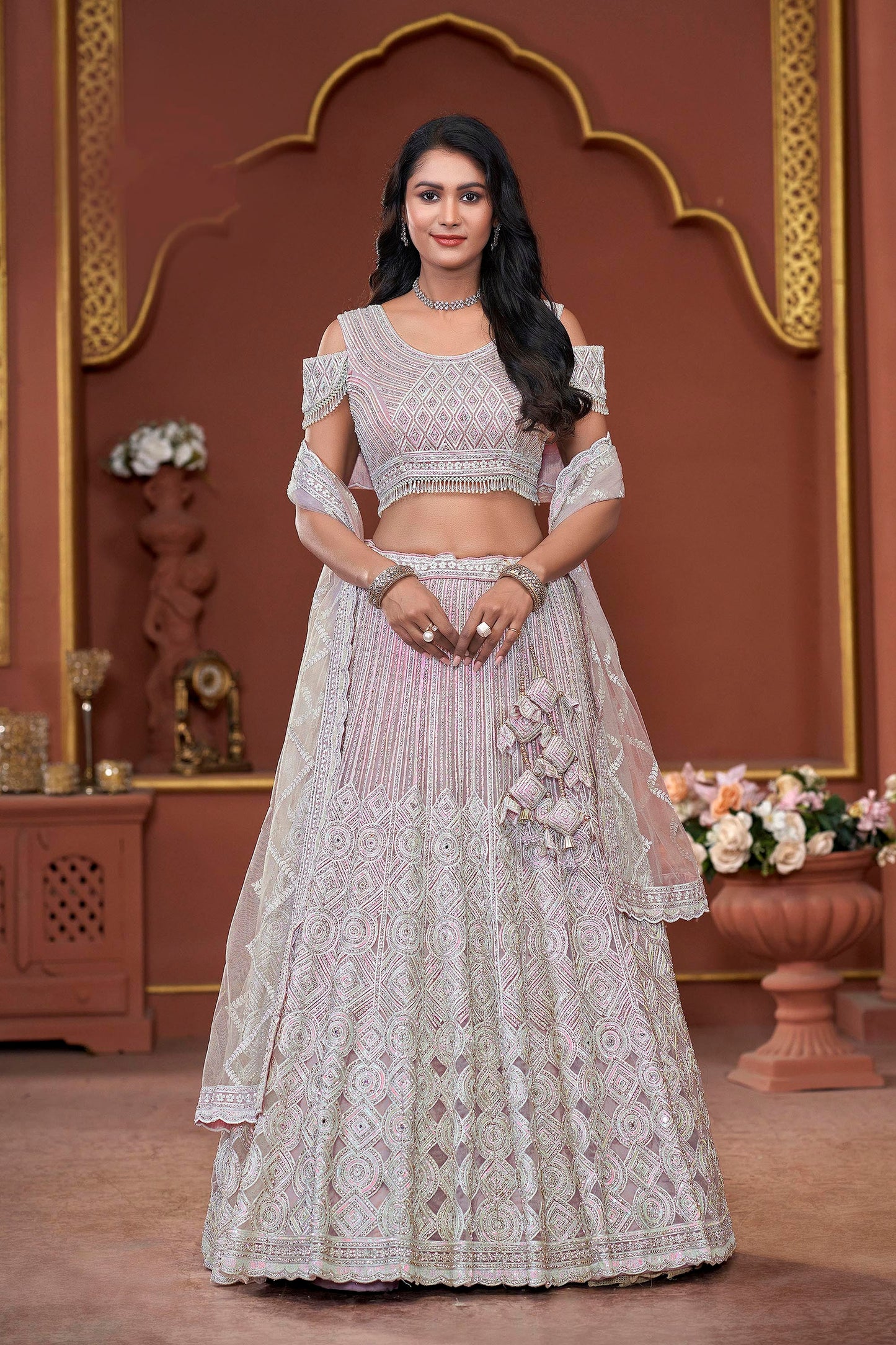 Pink Mirror & Zarkan Embroidery Net Bridesmaid Lehenga
