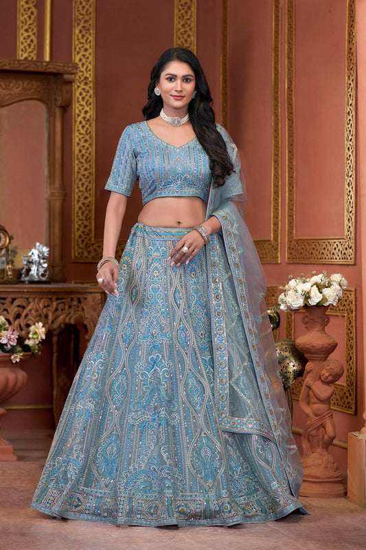 Sky Blue Zarkan Embroidery Net Festive Lehenga