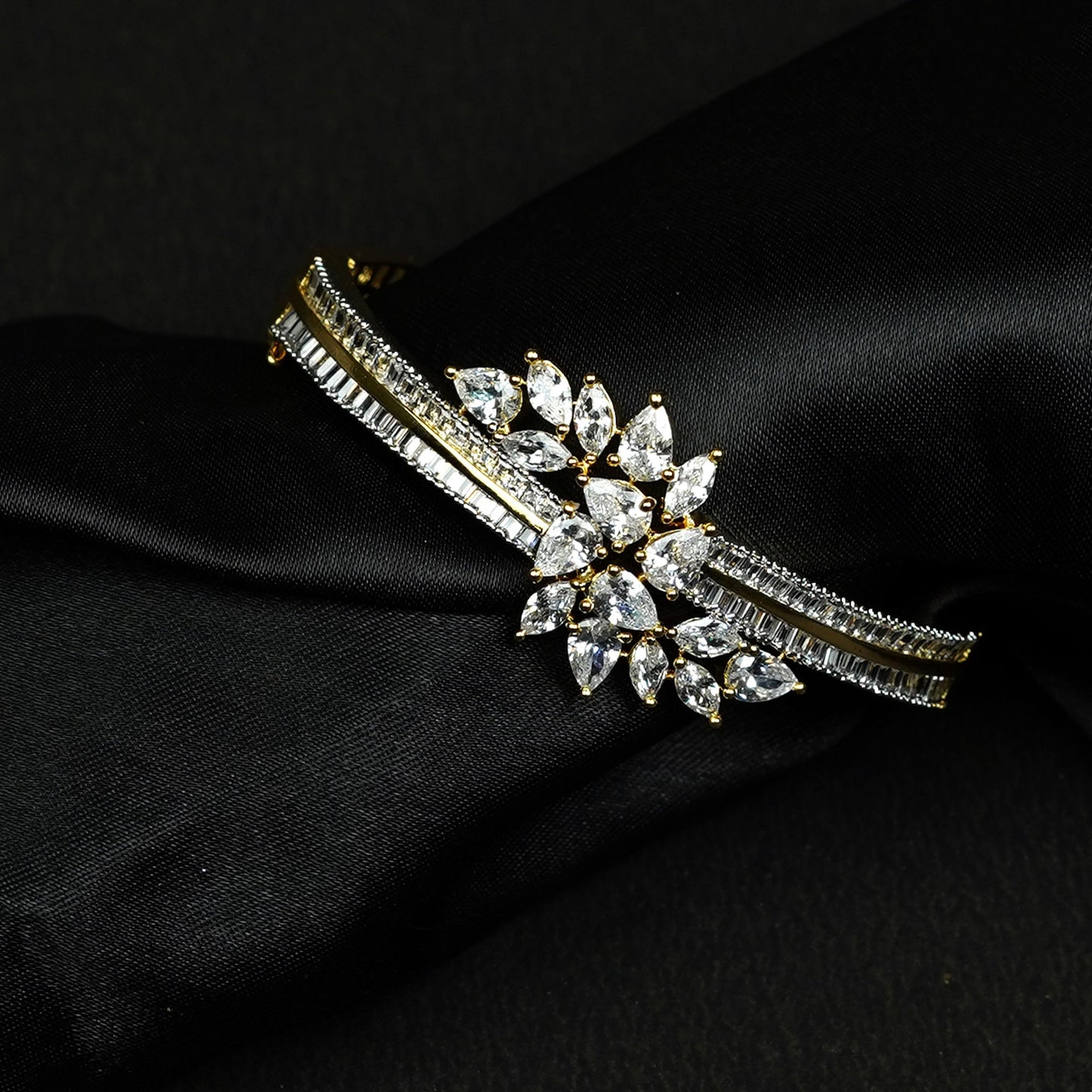 Zevar Club 22K Gold-Plated Floral Cluster Handcrafted AAA CZ Studded Baguette-Lined Openable Bracelet