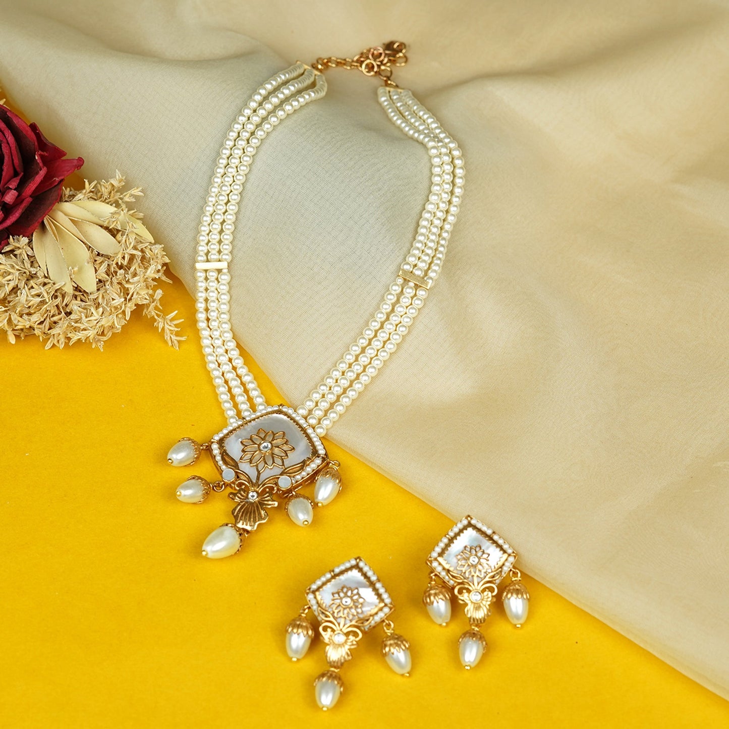 Zevar Club Handcrafted White Stone & Pearl Beaded Floral Engraved Square Pendant Necklace Set with Drop Earrings