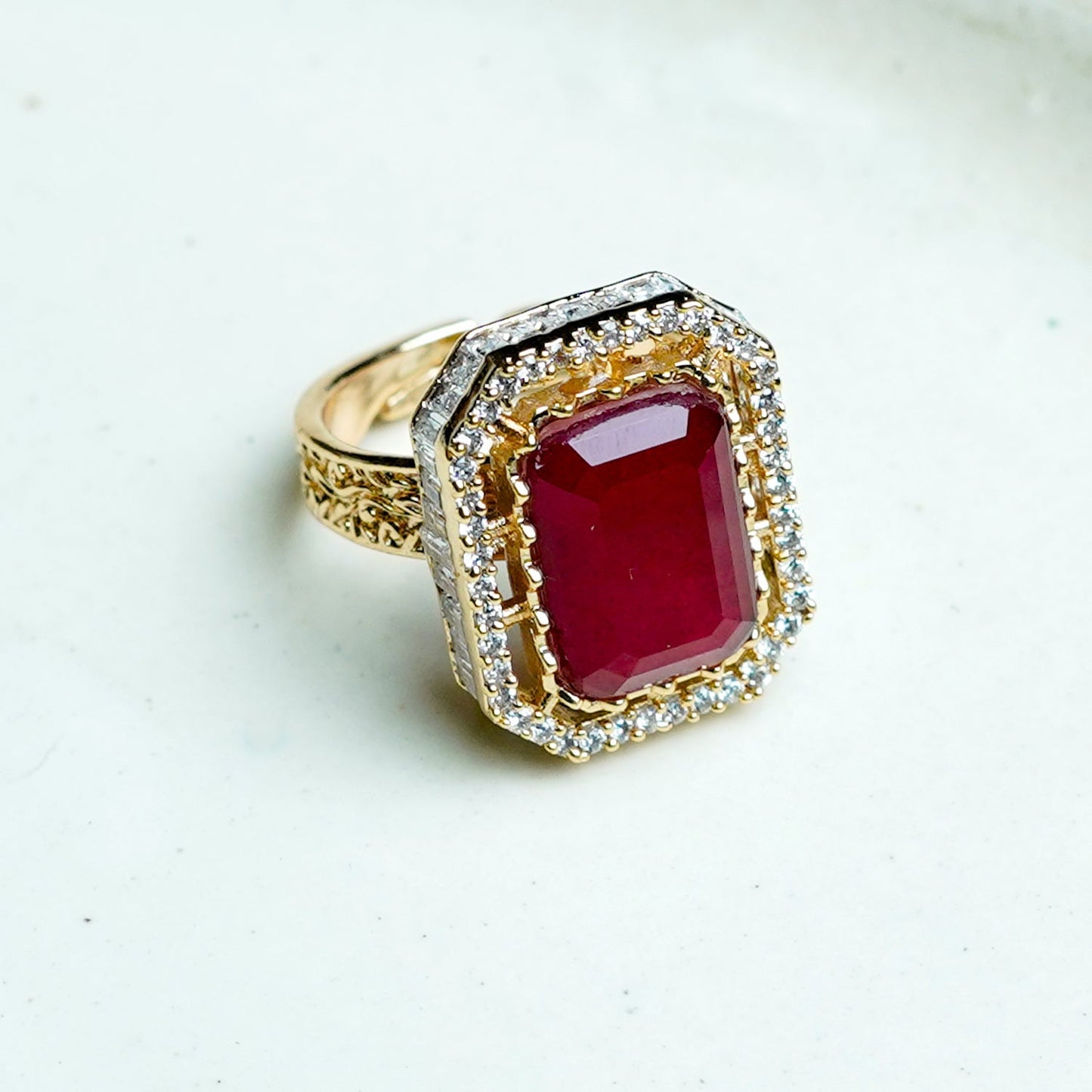 Zevar Club Gold-Toned Ruby Pink & Cubic Zirconia Studded Royal Statement Adjustable Ring
