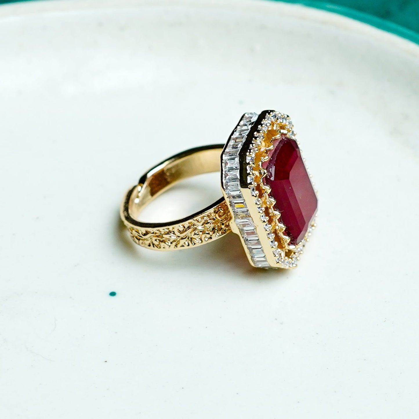 Zevar Club Gold-Toned Ruby Pink & Cubic Zirconia Studded Royal Statement Adjustable Ring