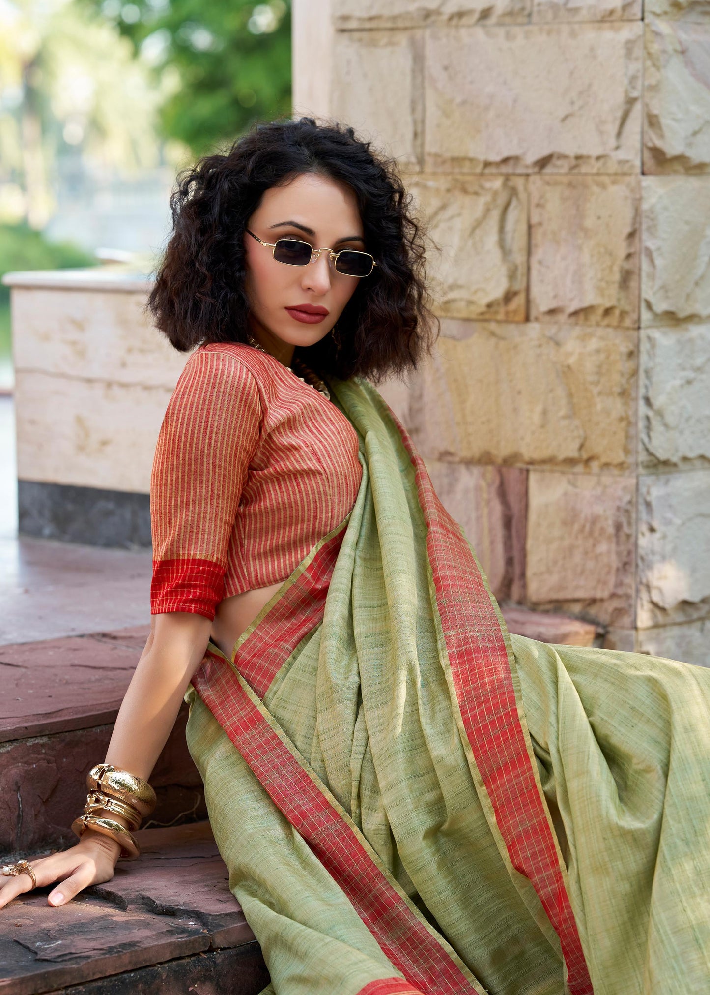 Pista Green Redbull  Pure Handloom Katan Saree