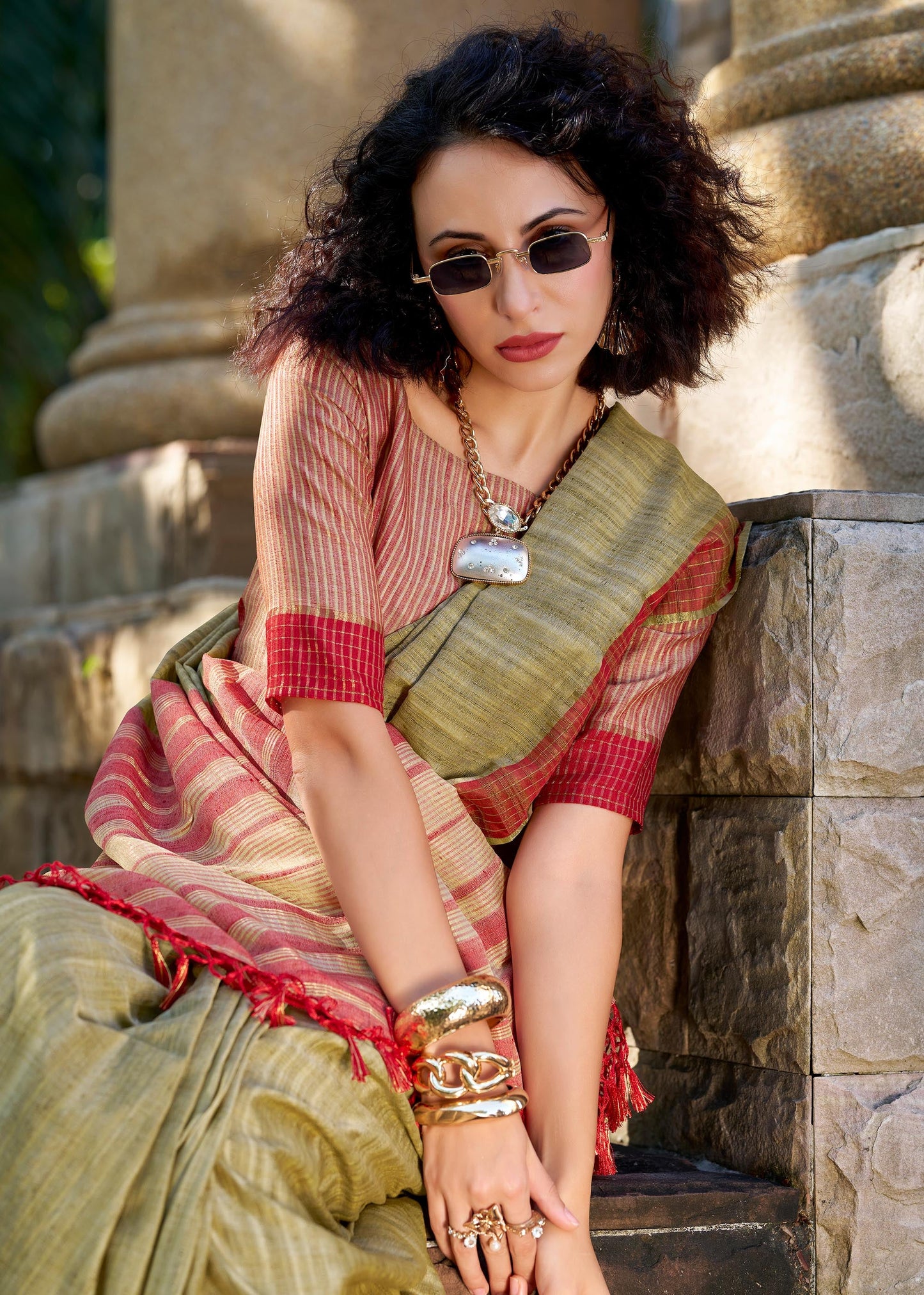 Olive Green Redbull Pure Handloom Katan Saree