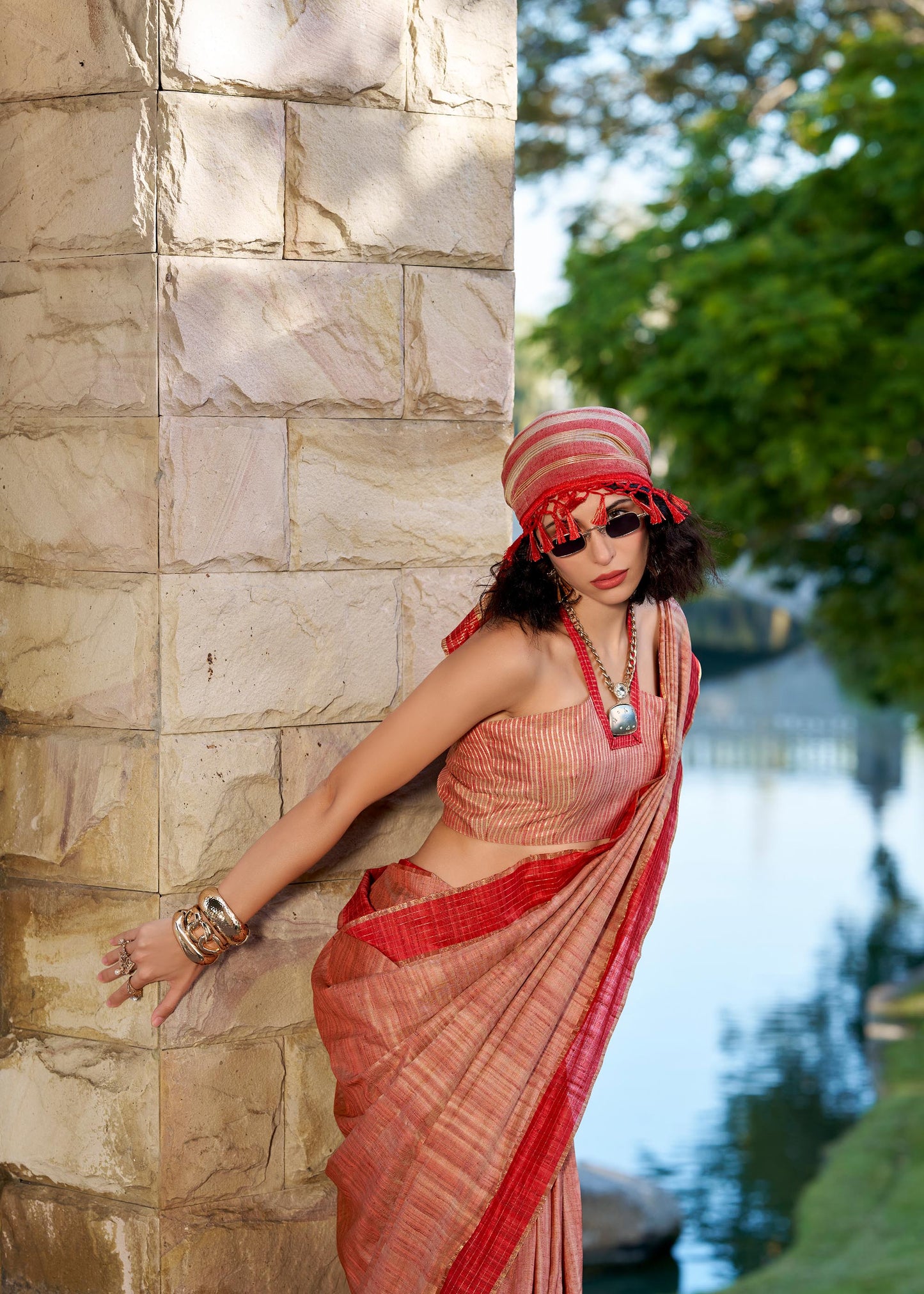 Light Peach Redbull Pure Handloom Katan Saree