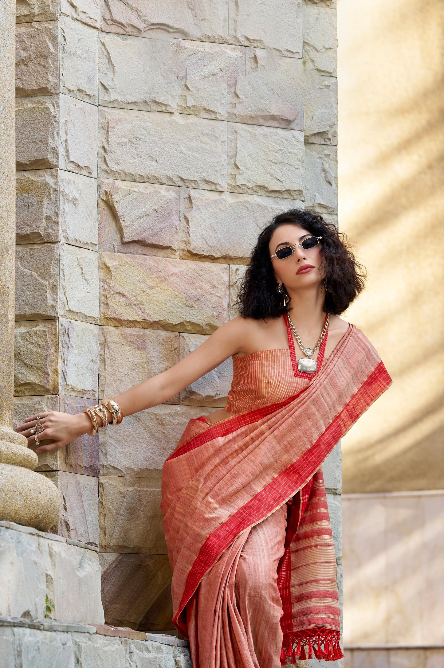 Light Peach Redbull Pure Handloom Katan Saree