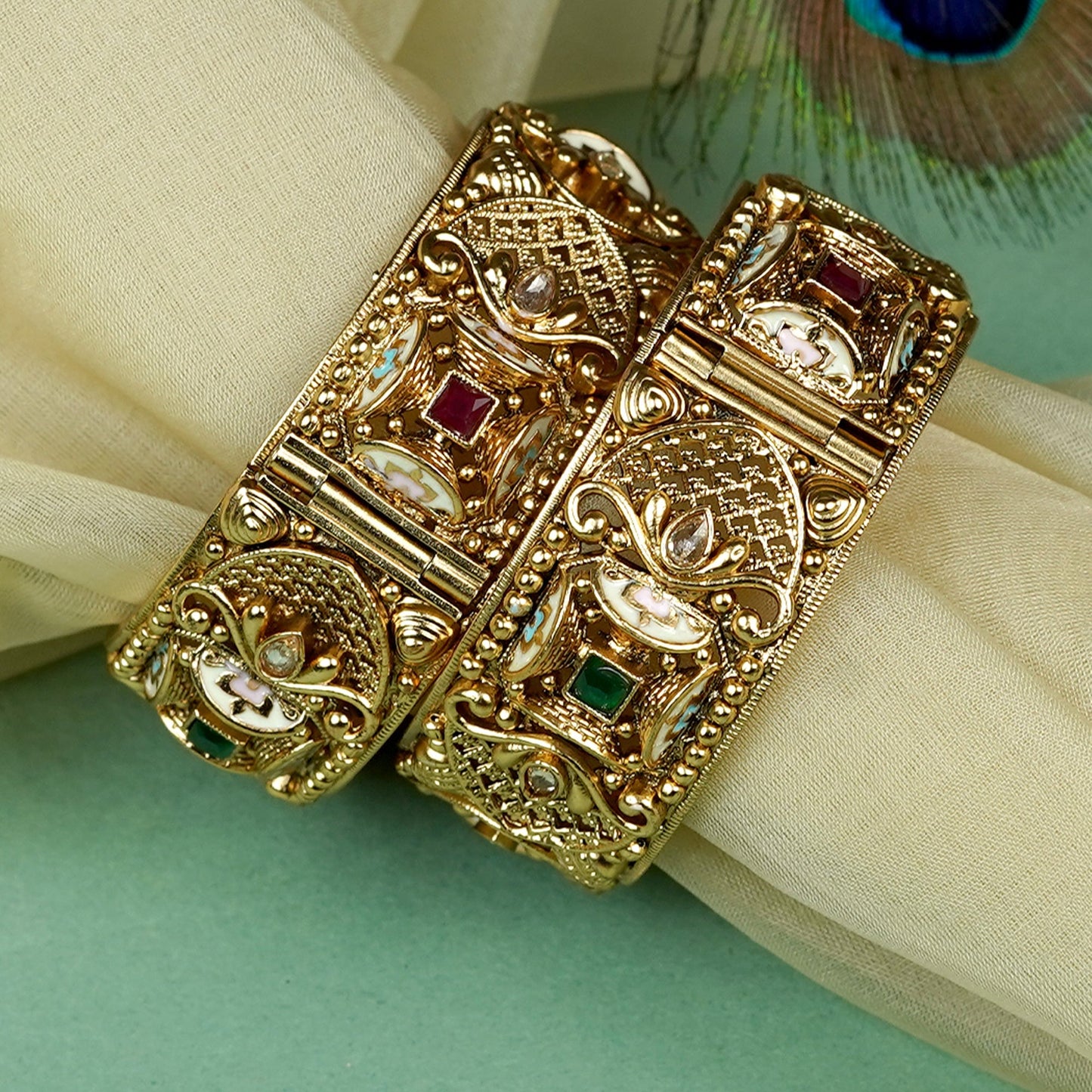 Zevar Club Set of 2 24K Gold-Plated Handcrafted Rajwadi Bangles with Ruby Red & Emerald Green Kundan Studded Floral & Embossed Motifs