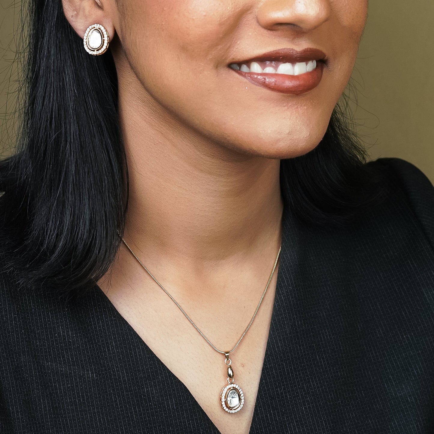 Zevar Club 22K Gold-Plated Oval-Shaped Cubic Zirconia Studded Pendant Necklace Set for Women