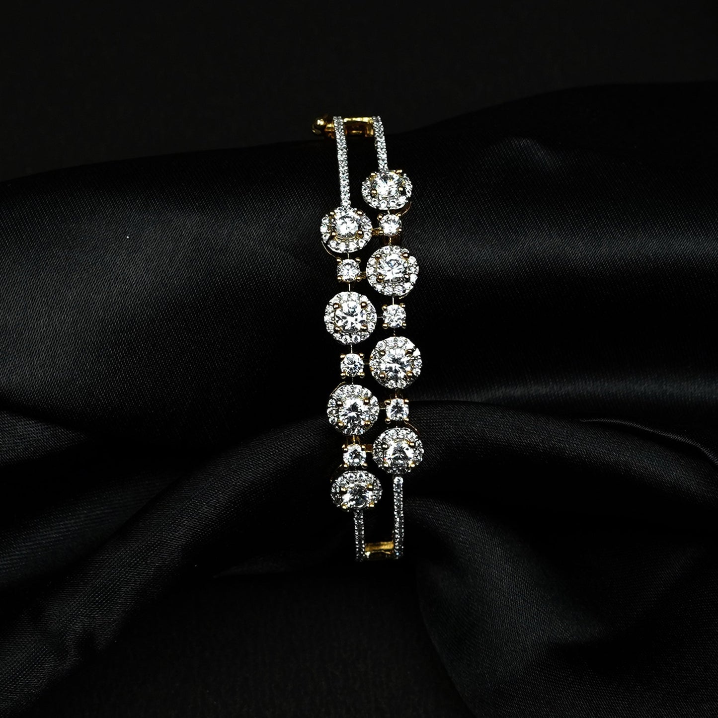 Zevar Club 22K Gold-Plated Handcrafted Floral Halo AAA Cubic Zirconia Studded Open-Top Statement Bracelet