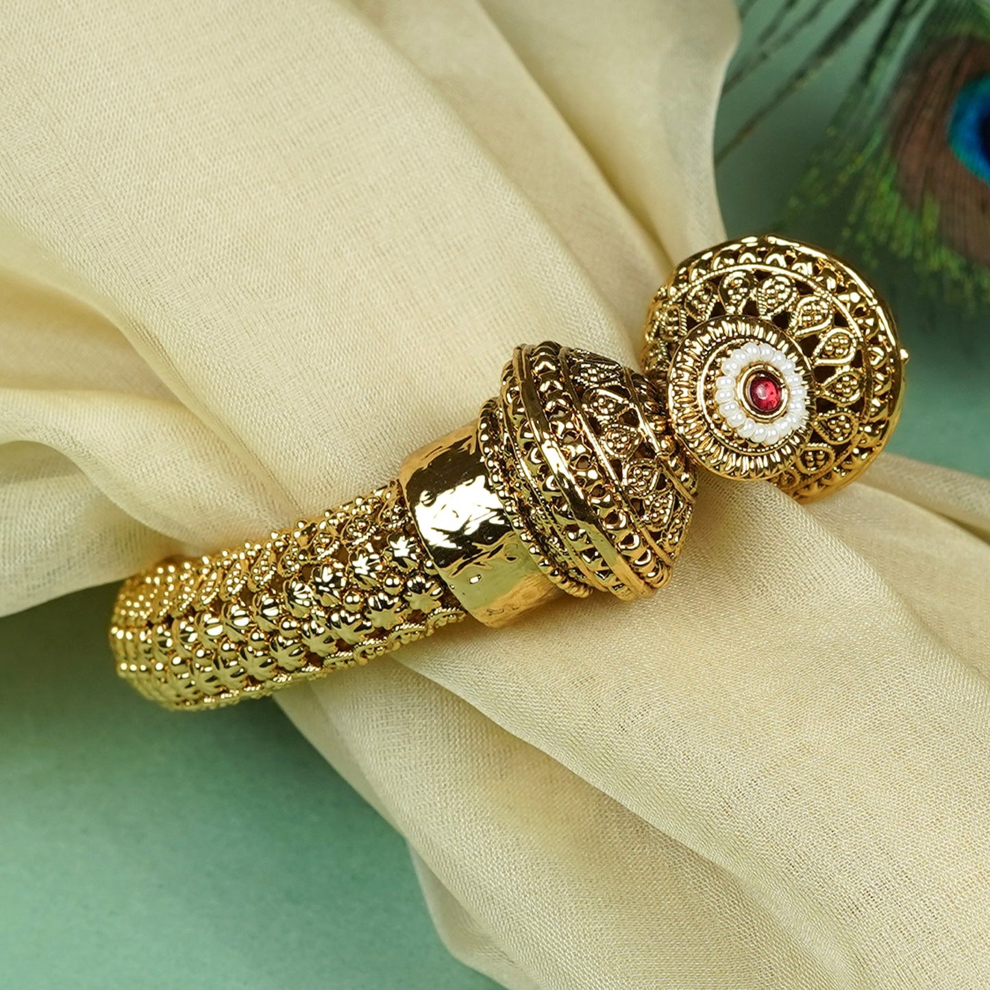 Zevar Club 18K Gold Plated Handcrafted Rajwadi Kada Bangle with Dome Motif Ruby Red & White Stone Detailing