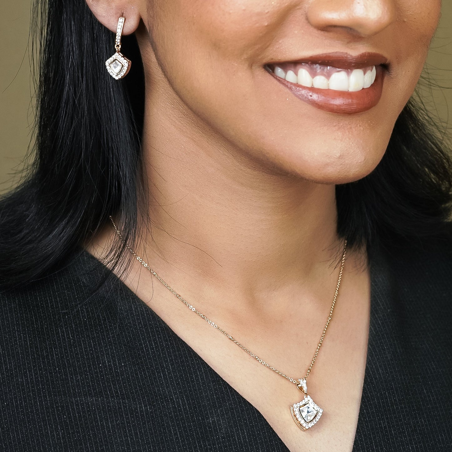 Zevar Club Women 22K Gold-Plated Cubic Zirconia Studded Angular Statement Pendant Necklace Set