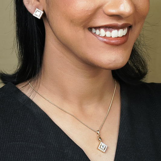 Zevar Club 22K Gold-Plated Diamond-Shaped Cubic Zirconia Studded Pendant Necklace Set for Women