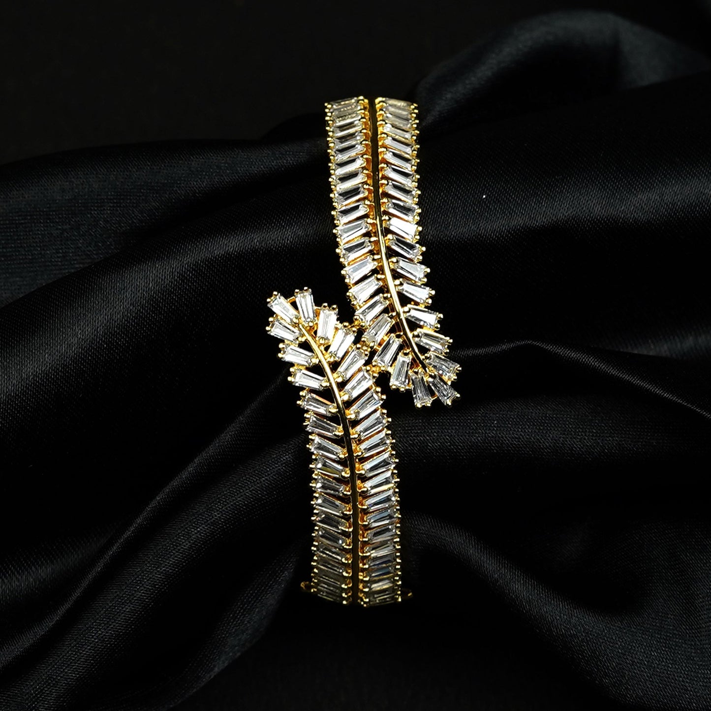 Zevar Club 22K Gold-Plated Handcrafted Leaf Cluster Design AAA Cubic Zirconia Studded Openable Bracelet