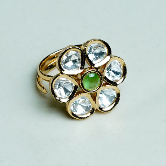 Zevar Club Gold-Toned White Kundan Studded Floral Adjustable Ring with Green Center Stone