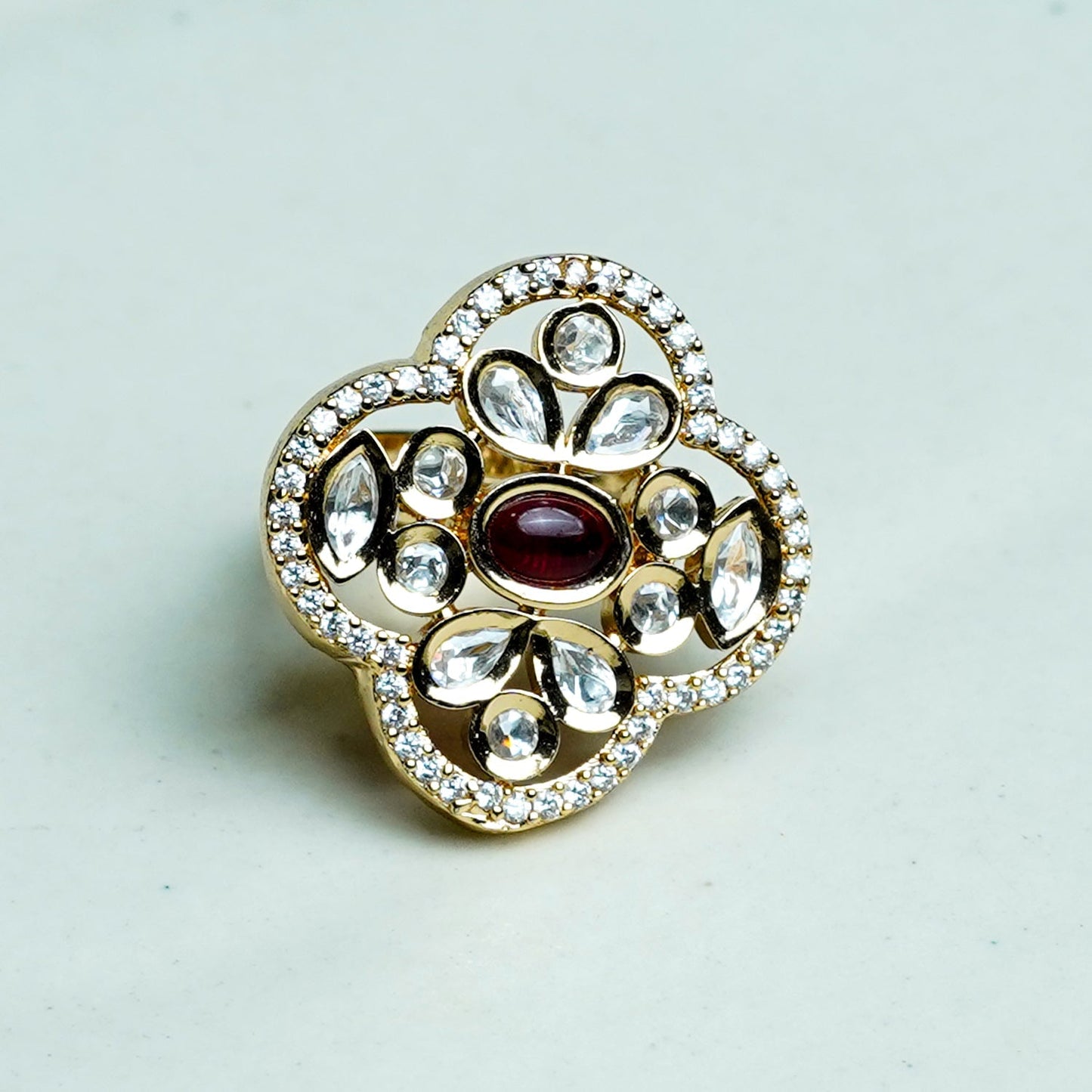 Zevar Club Gold-Toned White Kundan & Ruby Red Stone Studded Floral Adjustable Ring