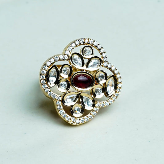 Zevar Club Gold-Toned White Kundan & Ruby Red Stone Studded Floral Adjustable Ring