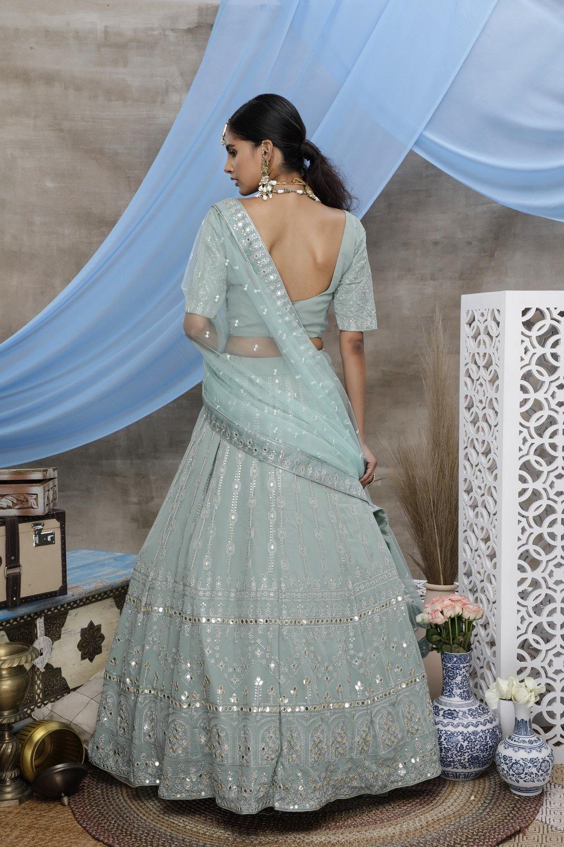 Dusty Green Georgette Bridal Lehenga Choli