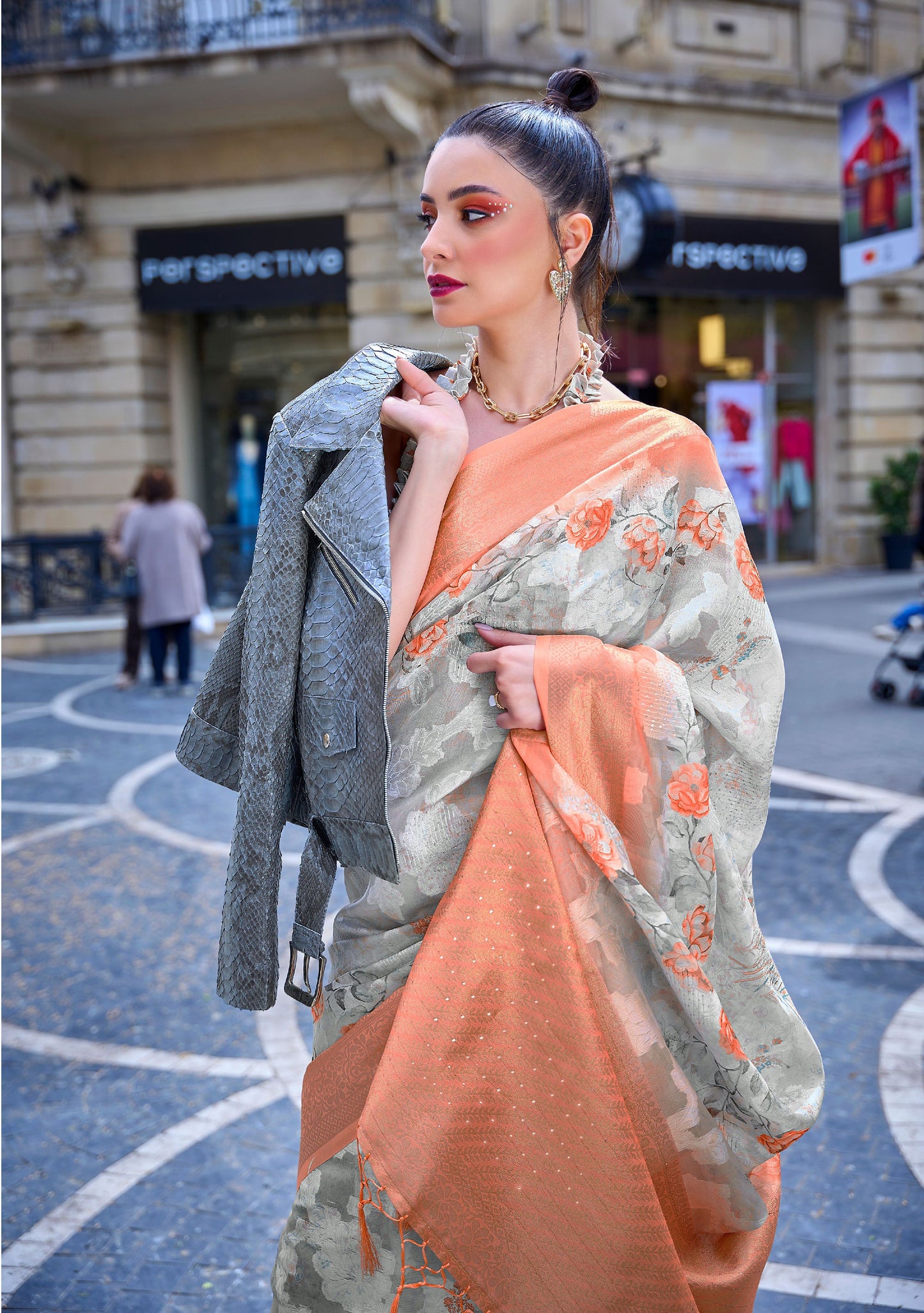Cream and Orange Kinsel Printed Poly Handloom Saree