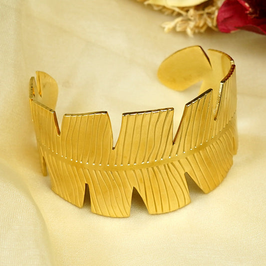 Zevar Club Gold Tone Stainless Steel Tarnish Free Waterproof Leaf-Edged Textured Open Cuff Bracelet for Women