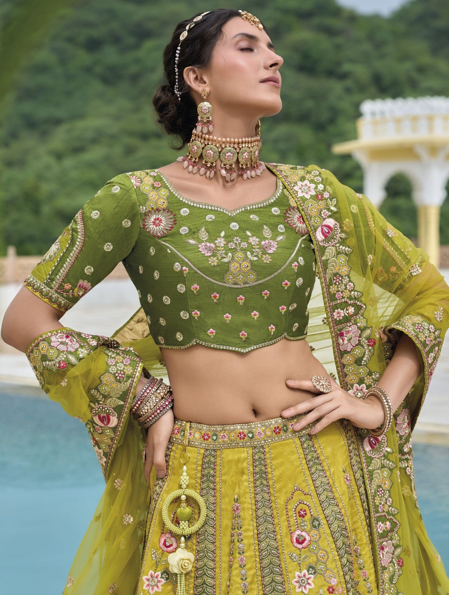Green and Yellow Sequins and Floral Embroidery Silk Mehendi Lehenga