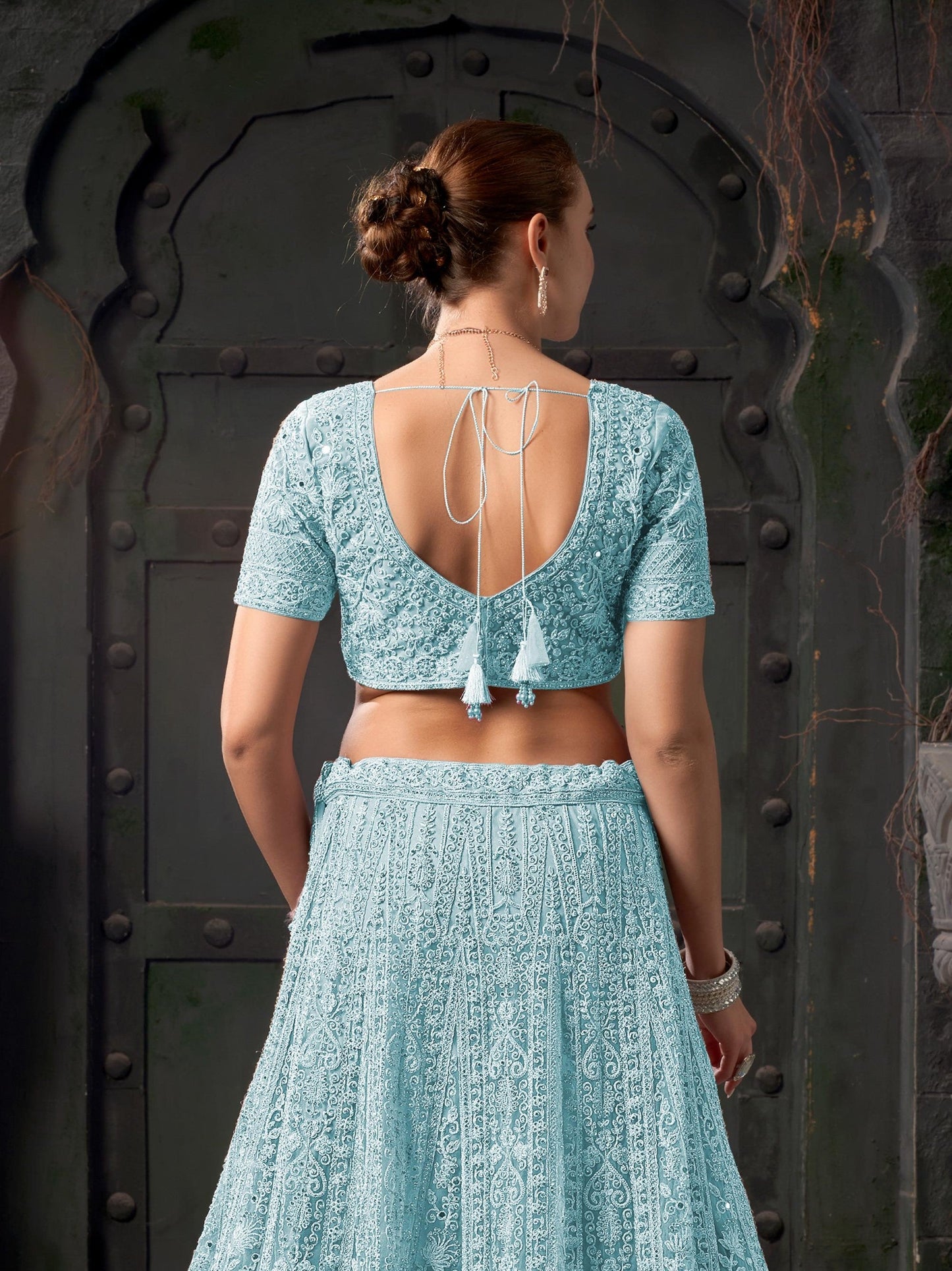 Sky Blue Zarkan Embroidery Net Party Wear Lehenga
