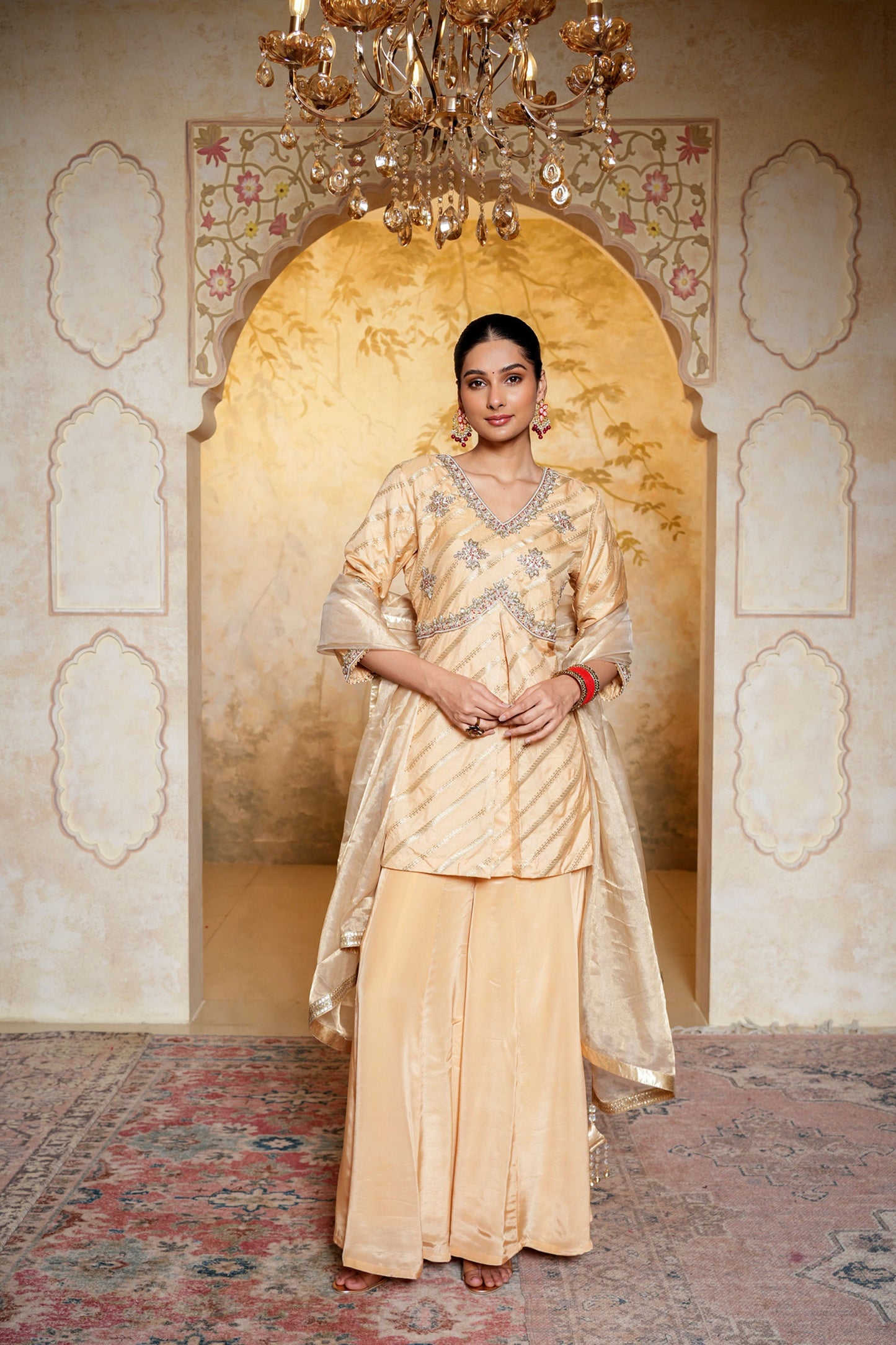 Golden Banarasi Silk Sharara With Dabka Hand Work