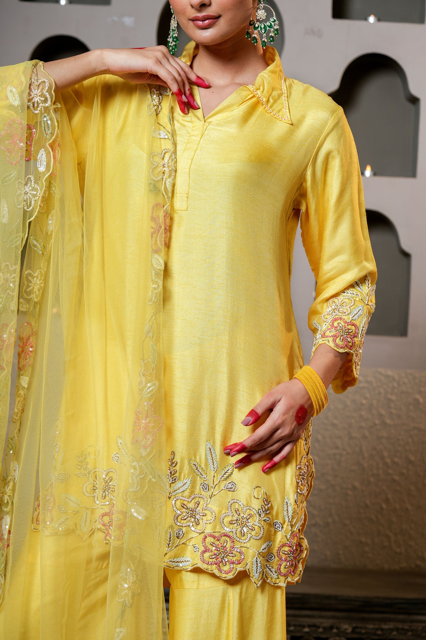 Yellow Dola Silk Cut Dana Hand Embroidery Party Wear Sharara