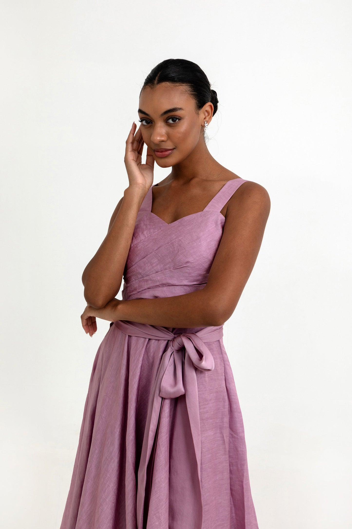 Ayla Lilac Linen Satin Deisgner Dress