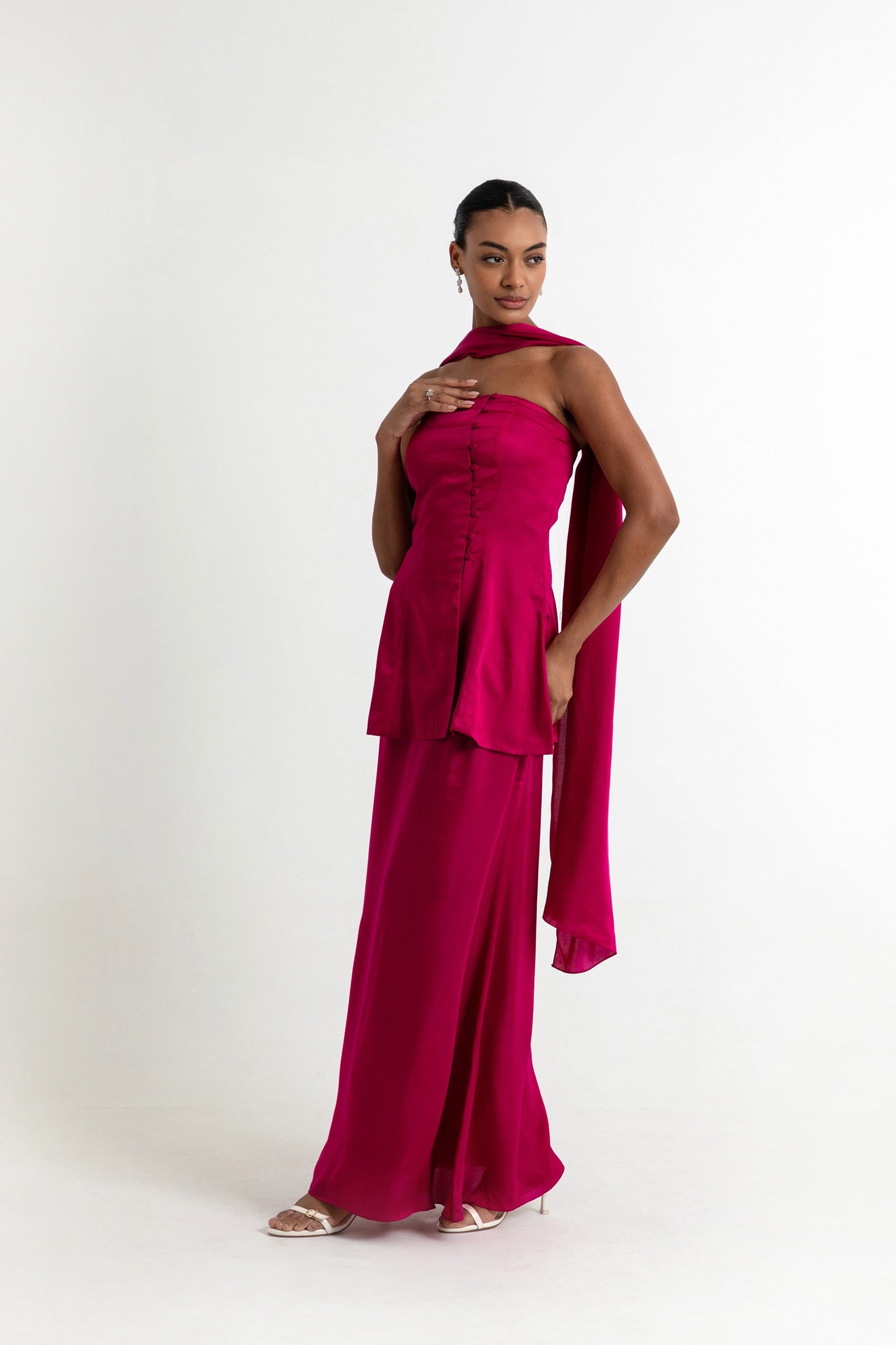 Adaline Dark Fuschia Pink Satin Co ord set with Scarf