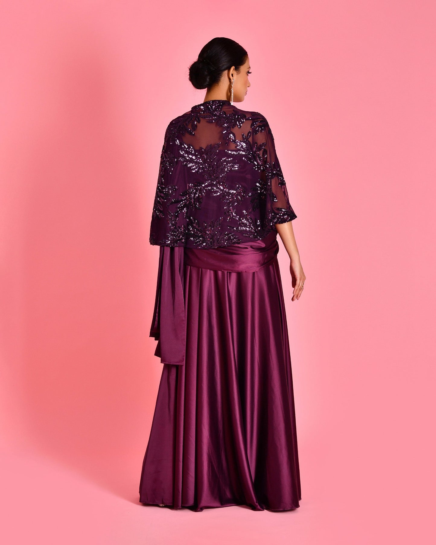Nayika Satin Embroidered wine colored Cocktail Saree Gown Set