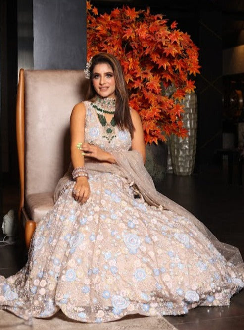 Beige Sequins Work Designer Organza Lehenga Choli for Sangeet