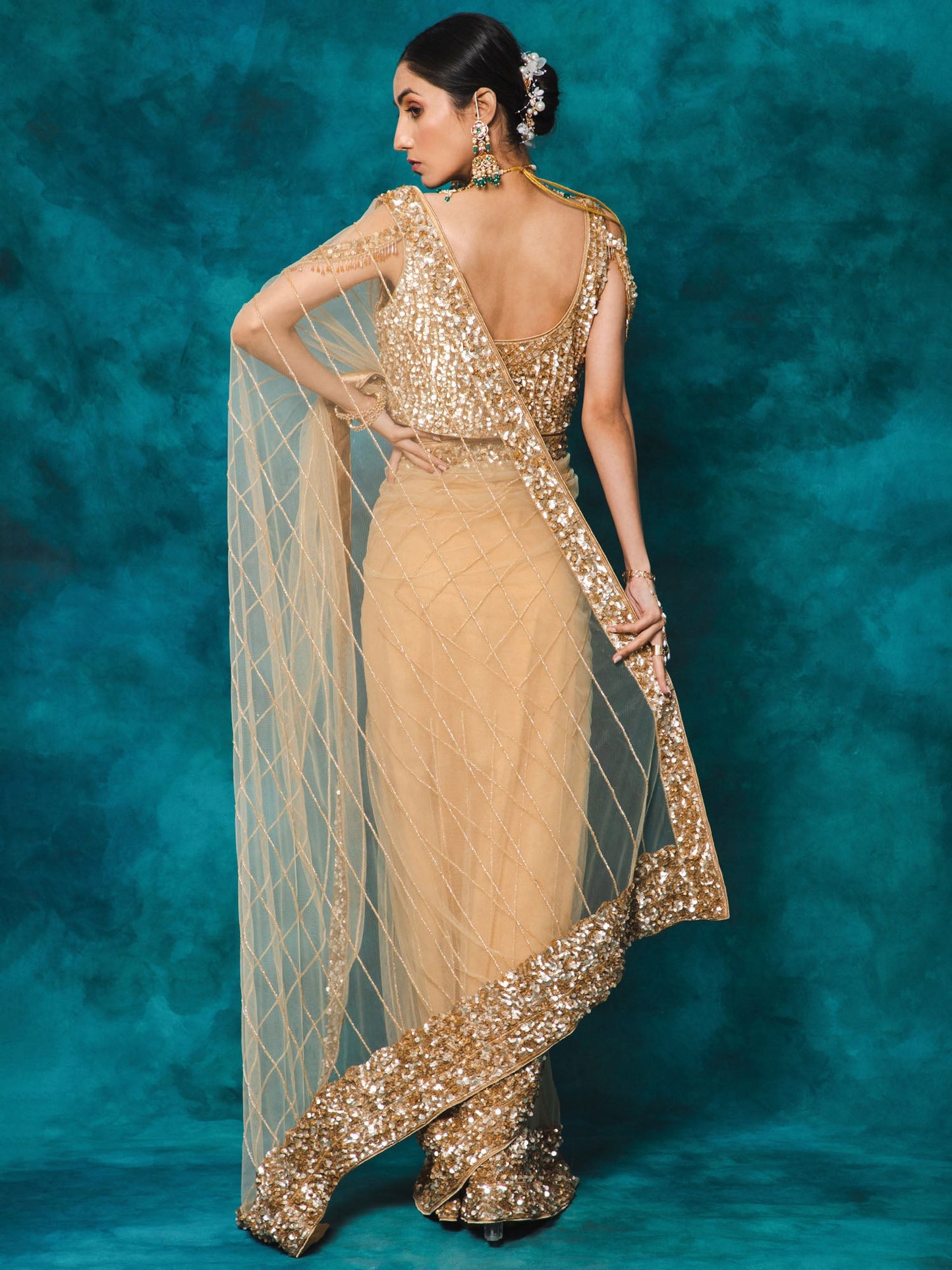 Beige Color Heavy Sequence Embroidery Net Designer Saree for Bride