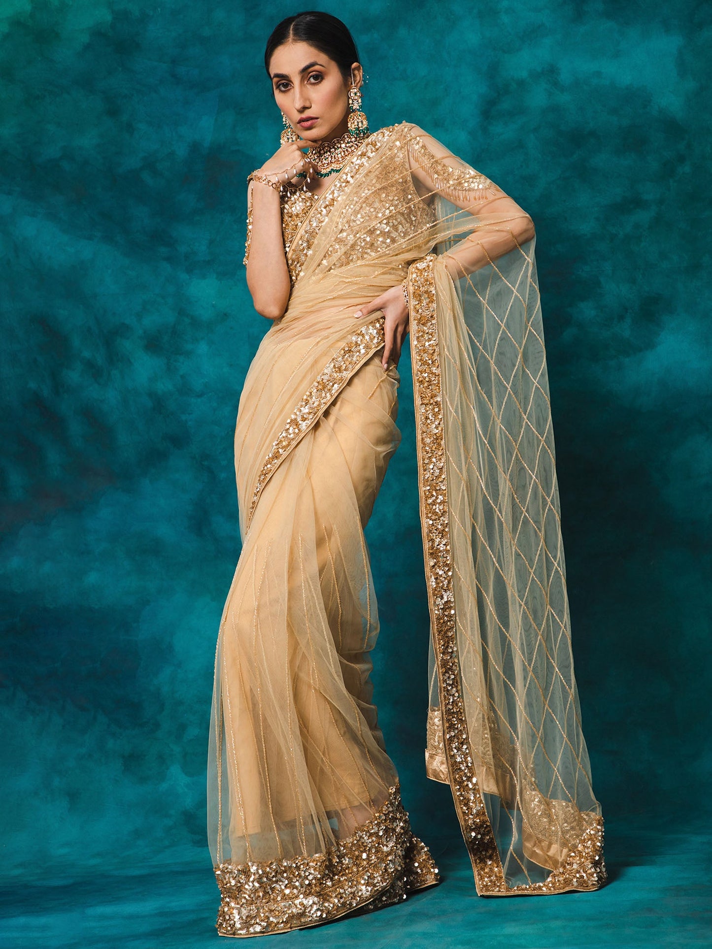 Beige Color Heavy Sequence Embroidery Net Designer Saree for Bride