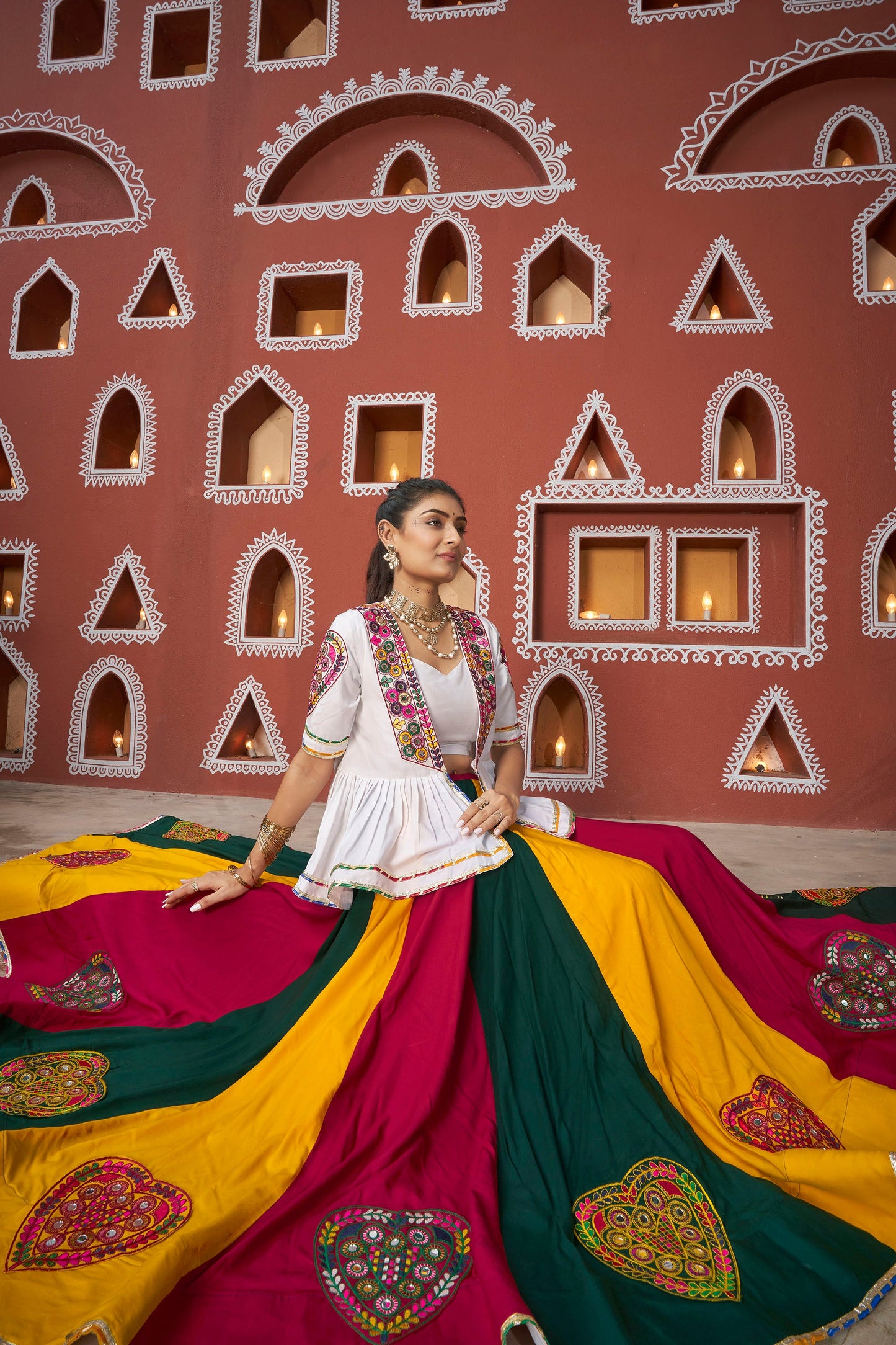 Multi Color Viscose Rayon Resham & Mirror Work Navratri Lehenga