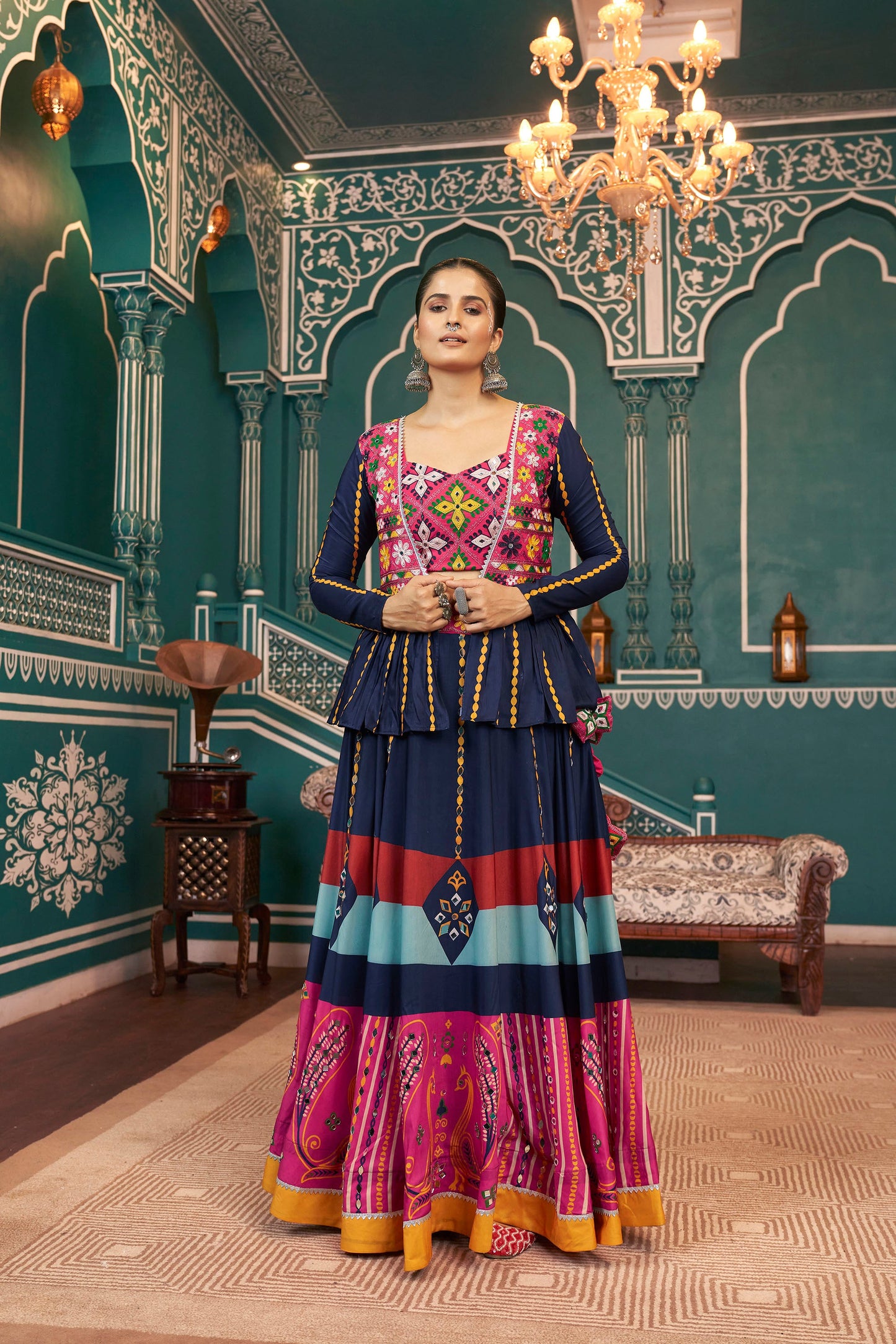 Multi Color Poly Maska Silk Mirror Work Navratri  Chaniya Choli