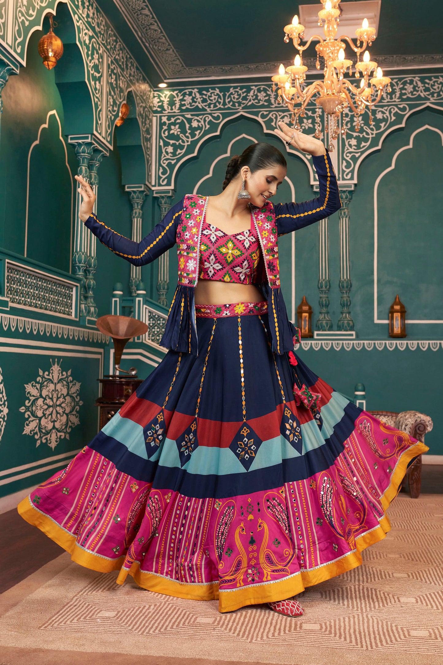 Multi Color Poly Maska Silk Mirror Work Navratri  Chaniya Choli