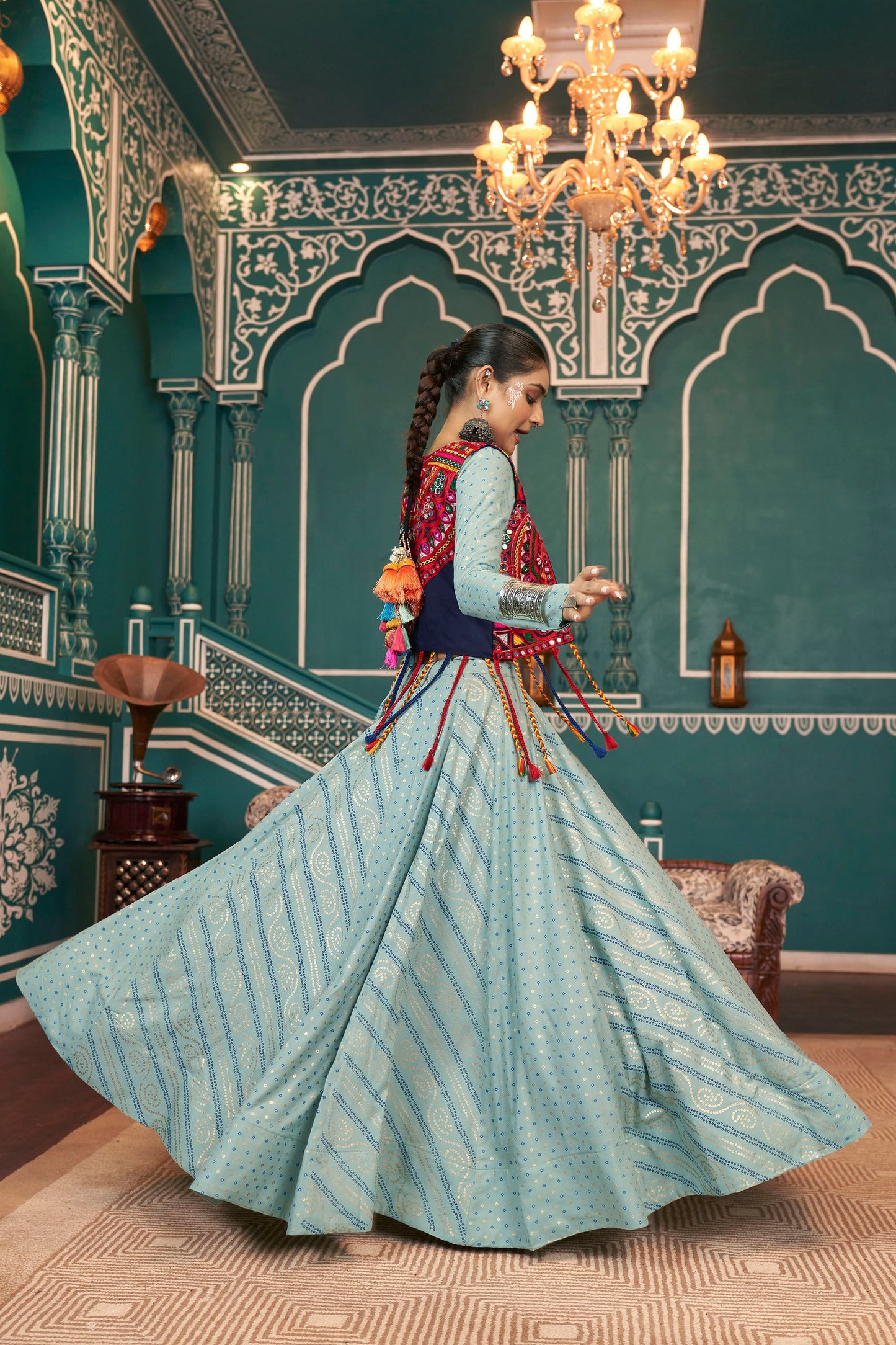 Pista Green Viscose Rayon Mirror Embroidery Navratri  Chaniya Choli