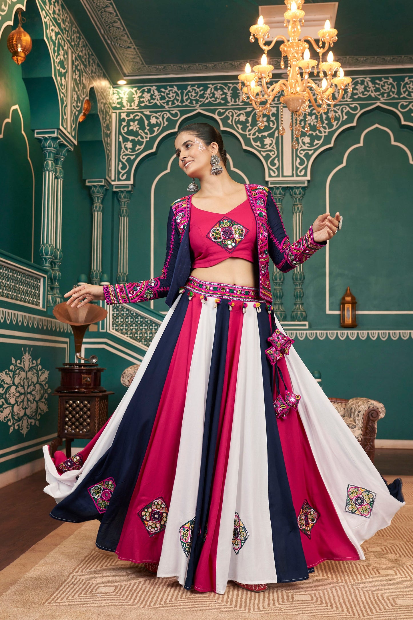 Multi Color Viscose Rayon Thread & Mirror Embroidery Navratri  Chaniya Choli